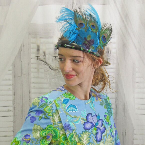 Deco inspired headband, 20s Flapper style, Peacock, blue, teal feathers on black - Picture 12 of 12